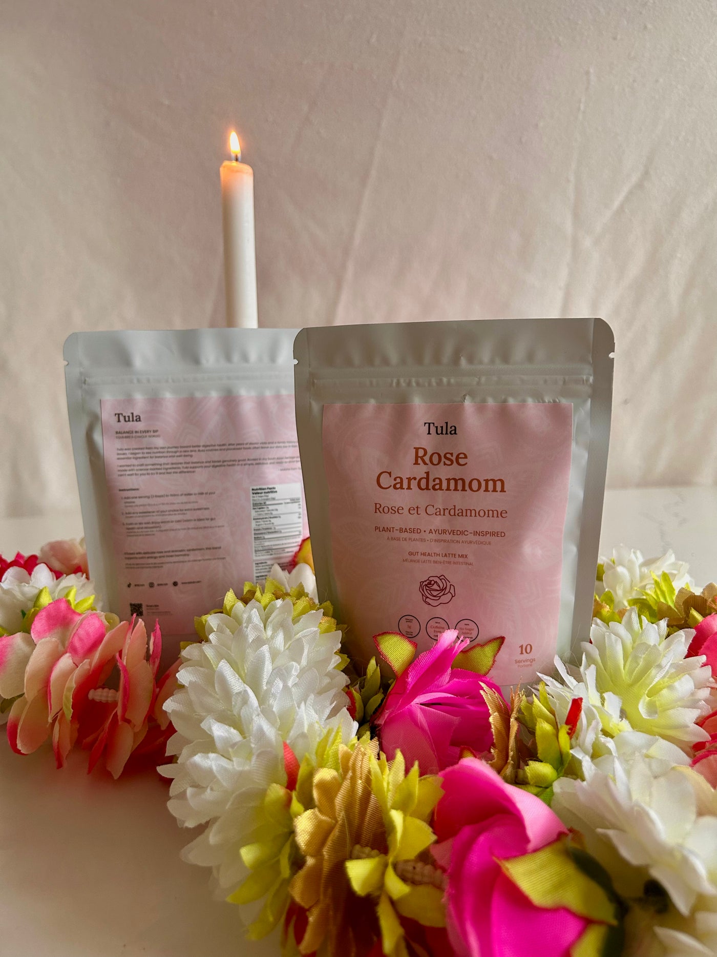 Rose cardamom fiber latte mix by Tula on a white backdrop (small packs)