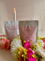 Rose cardamom fiber latte mix by Tula on a white backdrop (small packs)