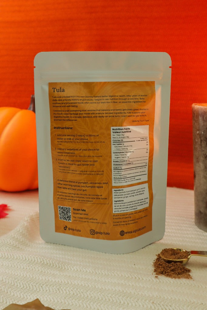 Back of Tula pumpkin spice latte mix pouch.